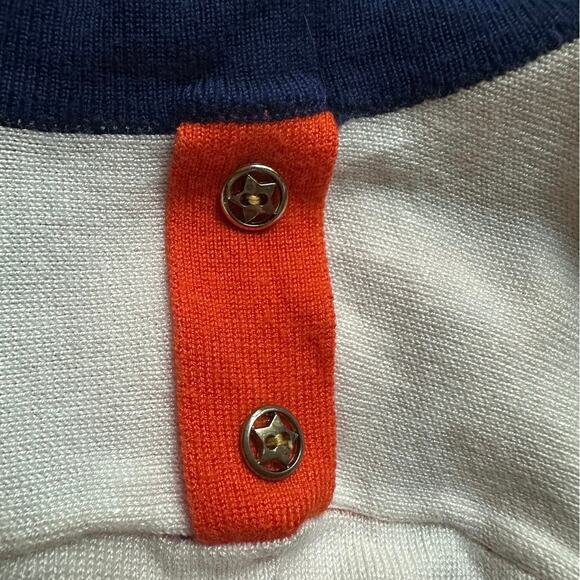 Orange Navy Polo Style Stripes 3/4 Sleeve Round Neck Lightweight Sweater - Picture 2 of 5